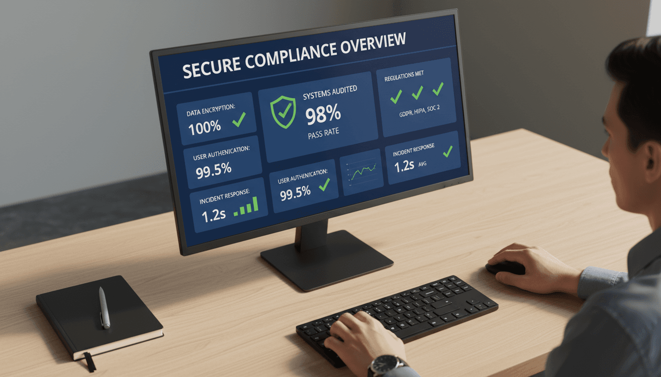 IT professional reviewing compliance dashboard on computer monitor in office