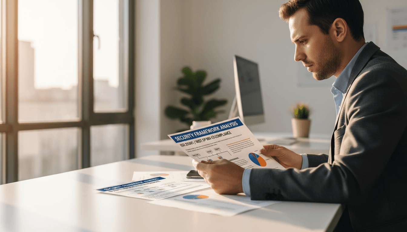 IT consultant reviewing compliance documentation in modern office